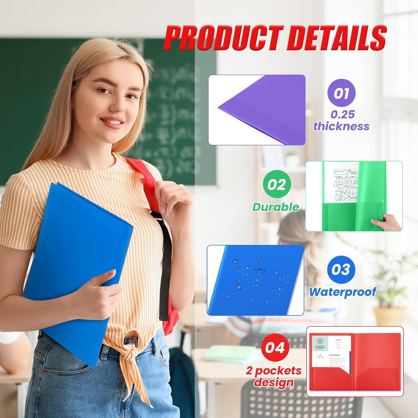 Gueevin 12 Pcs Plastic Folders with Pockets, Back to School Two Pocket Folder Fit Letter Size, Heavy Duty School Business Card Holder for Home Office, 11. 61 x 9. 45 Inches (Bright)