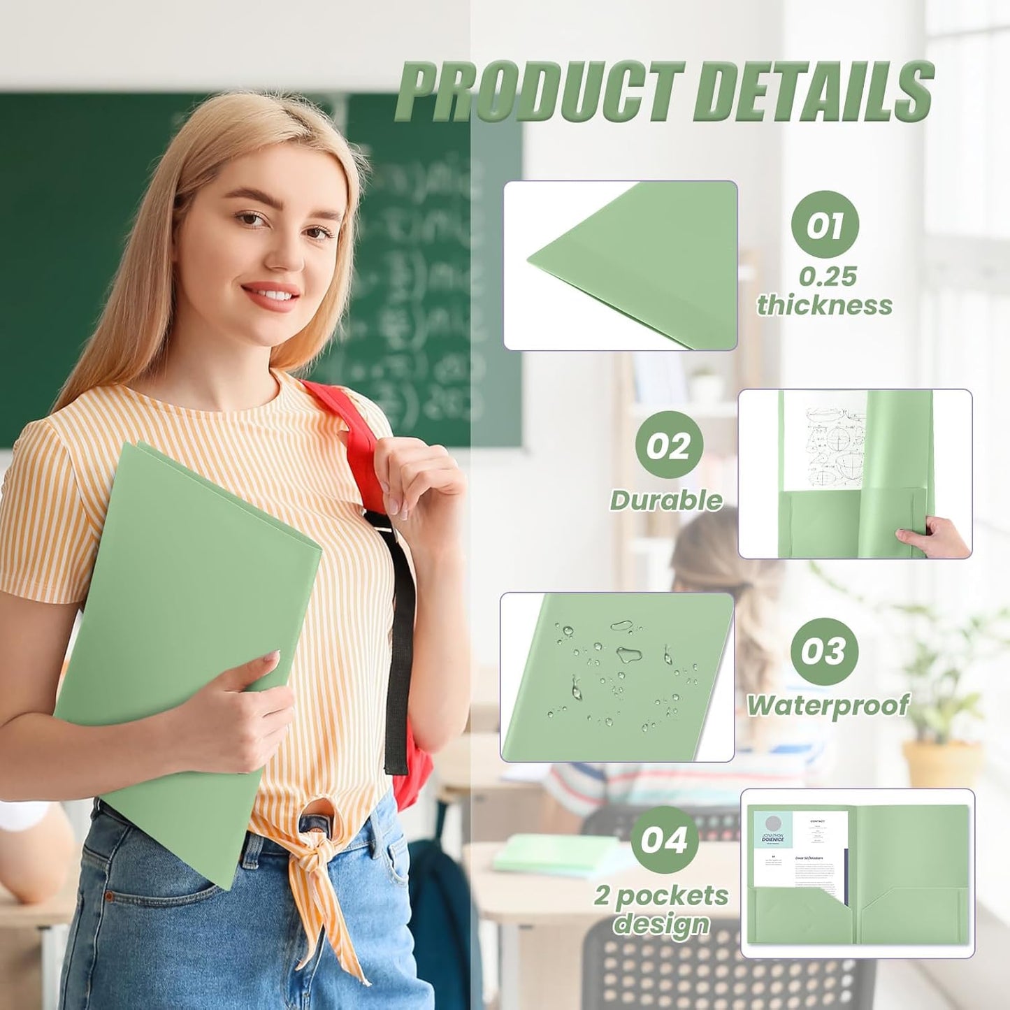 Gueevin 50 Pcs Plastic Folders with Pockets, Back to School Two Pocket Folder Fit Letter Size, Heavy Duty School Business Card Holder for Home Office, 11. 61 x 9. 45 Inches (Sage Green)