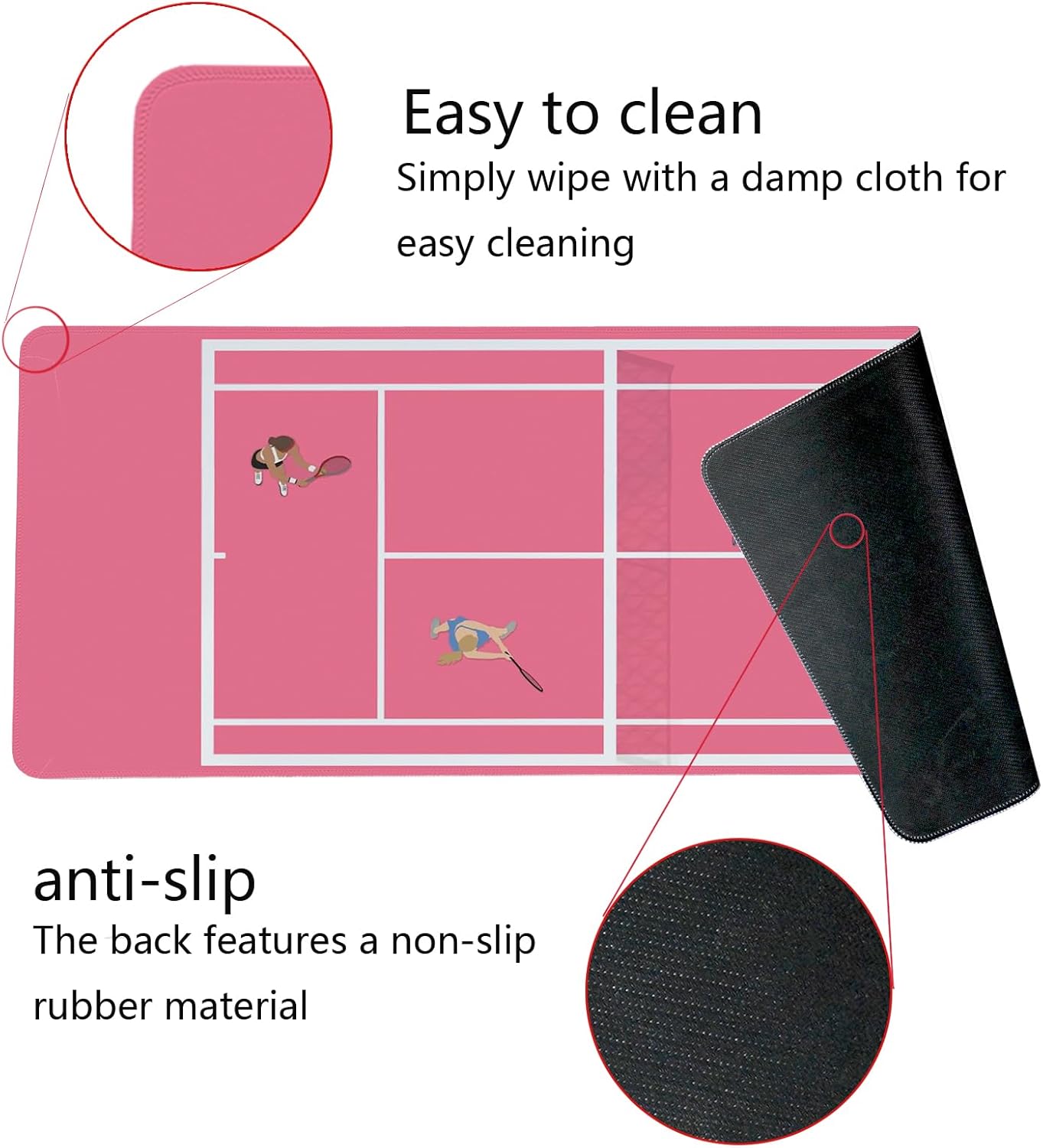 Girly Pink Preppy Desk Mat,Coquette Pink Tennis Court Mouse Pad,Tennis Sport Art Mouse Pad,Gift for Tennis Players,XL Large Laptop Desk Mat for Girls Dorm Home Office,31.5x11.8 Inch