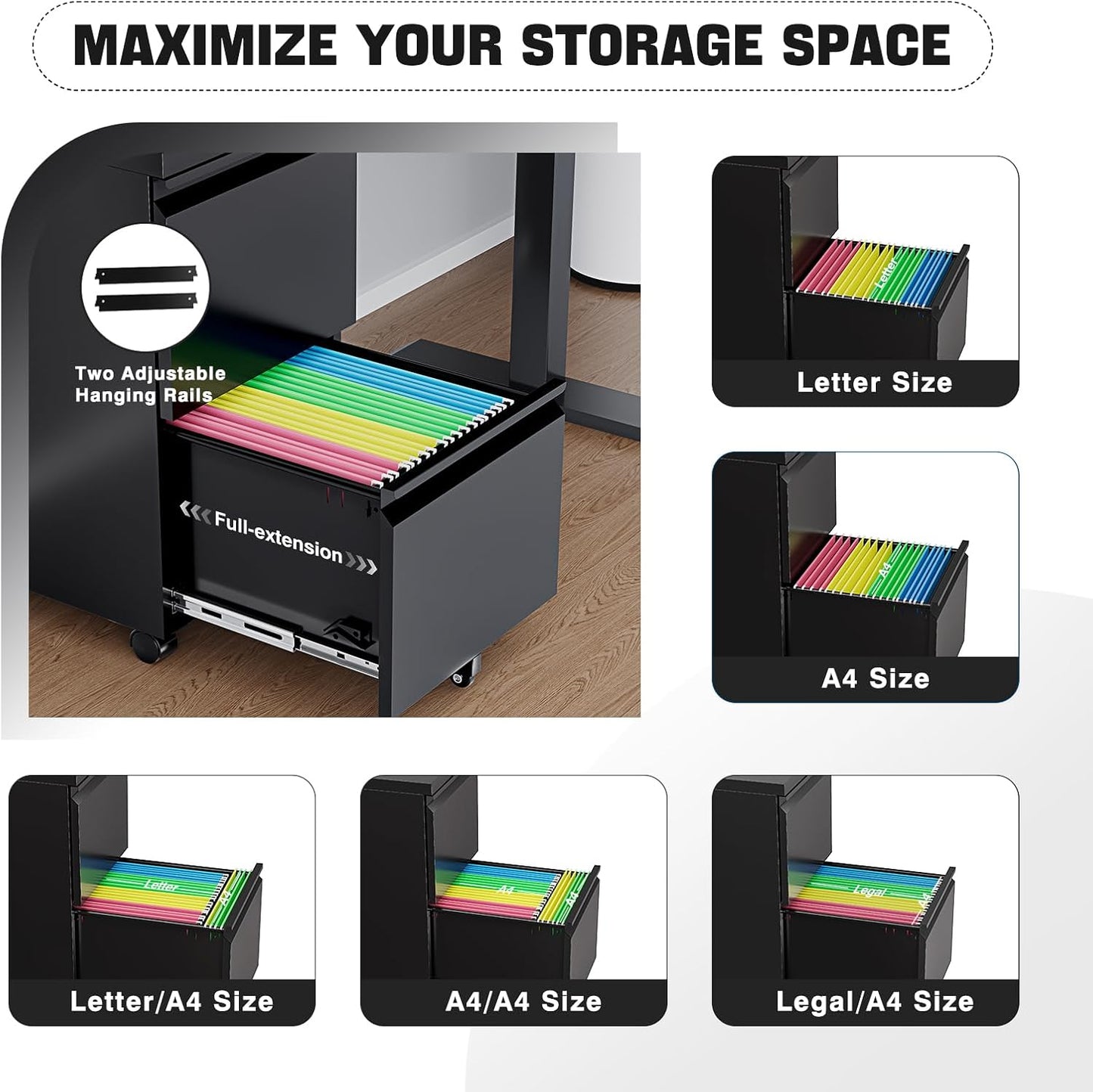 2 Drawer File Cabinet On Wheels Mobile File Cabinet with Lock Under Desk Metal Filing Small Rolling Black Printer Stand for Home Office Assembly Required