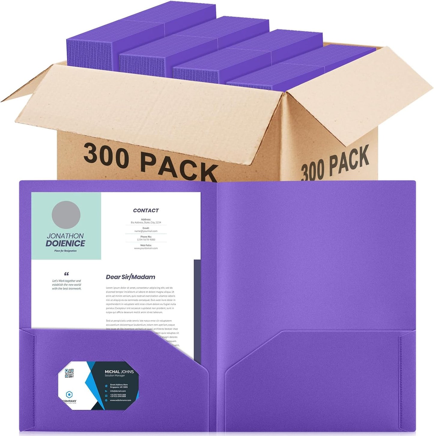 Gueevin 300 Pcs Plastic Folders with Pockets, Two Pocket Folder Fit 8.5 x 11 Inch Letter Size Paper, Heavy Duty School Folders Business Card Holder for Home Office School Bussiness (Purple)