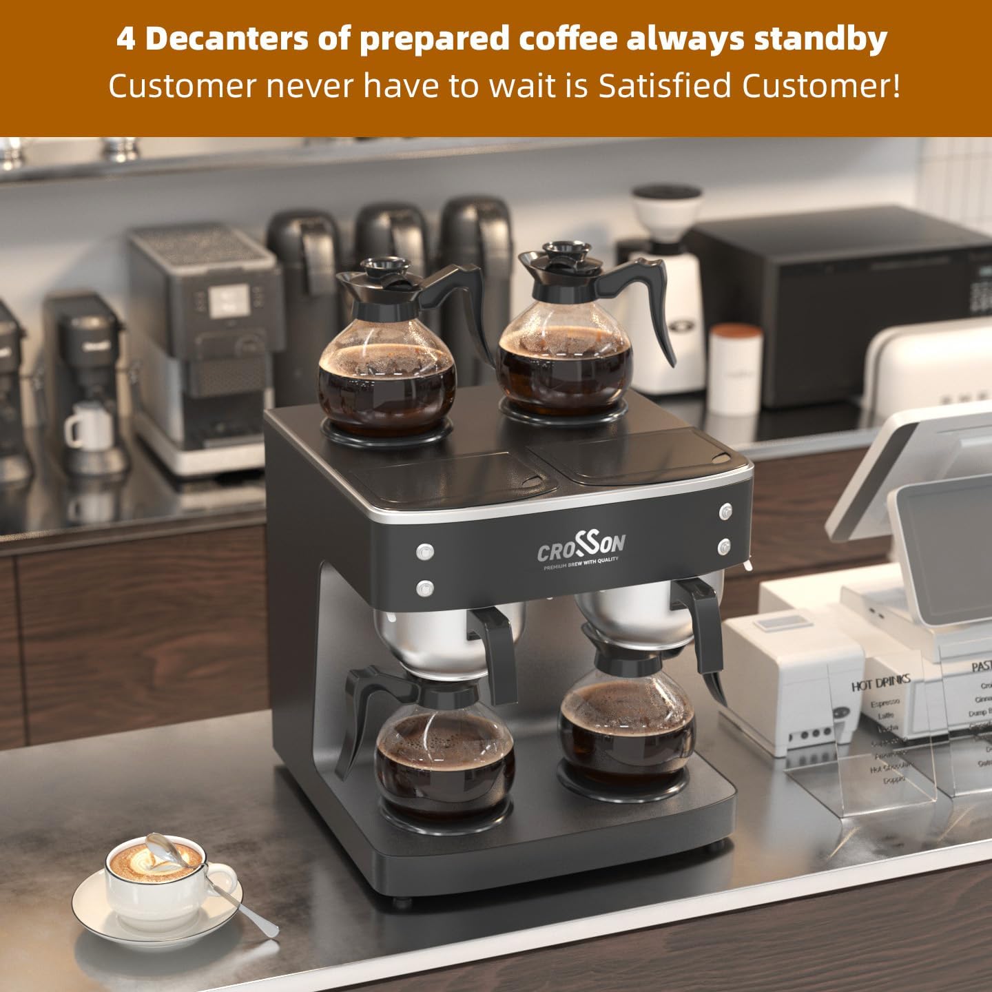 crosson 200 Cup/hour Commercial Drip Coffee Maker, 7.2L Pour Over Coffee Brewer with 4 Glass Decanter&Warmers and Easy Clean Fingerprint Free Housing and 304 Stainless Steel Funnel,