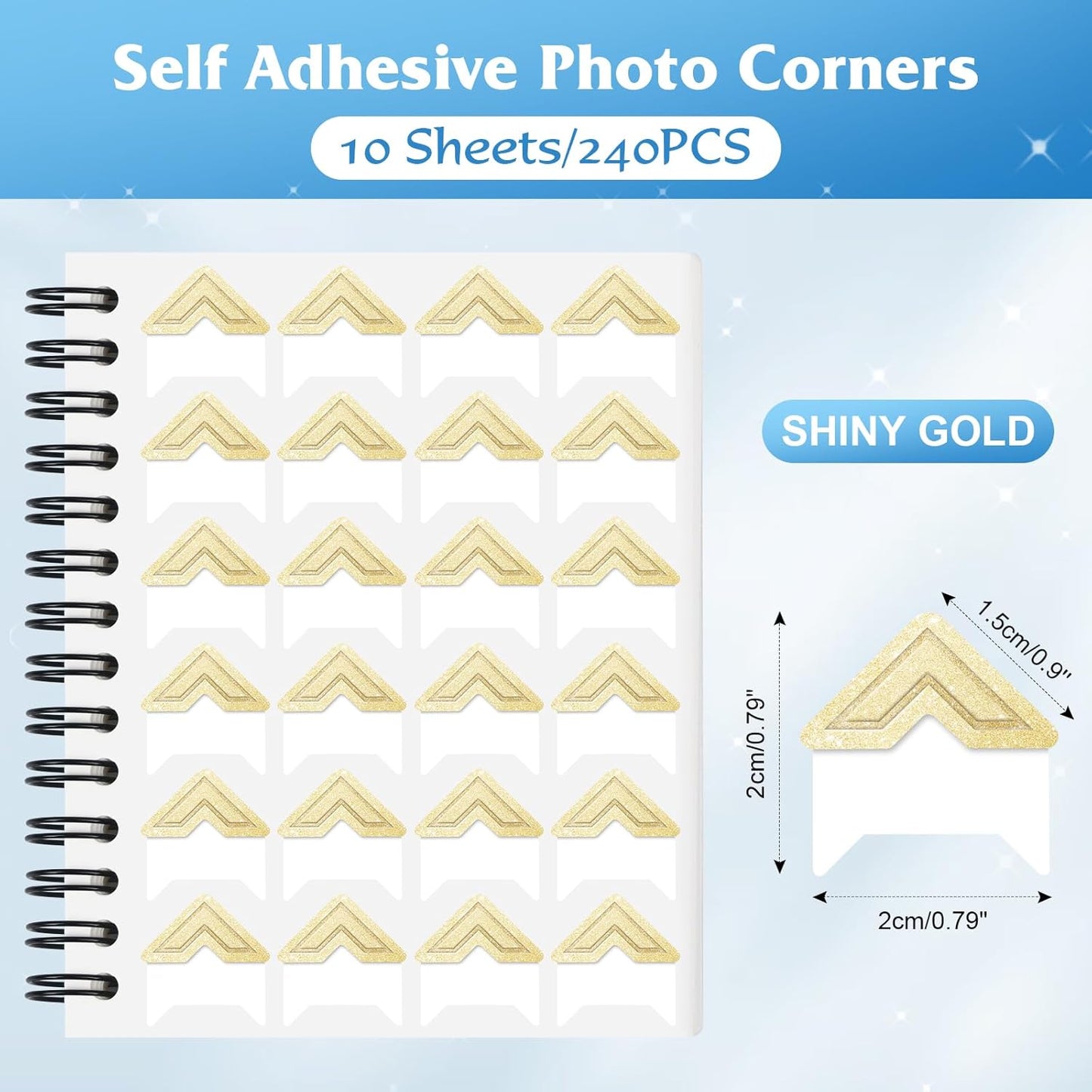 GOONAVI 10 Sheets 240 PCS Shiny Gold Acid-Free Photo Corners Notebook, Self-Adhesive Photo Corners for DIY Photo Album Journal, Photo Corner Stickers for Trip Journal Memory Book