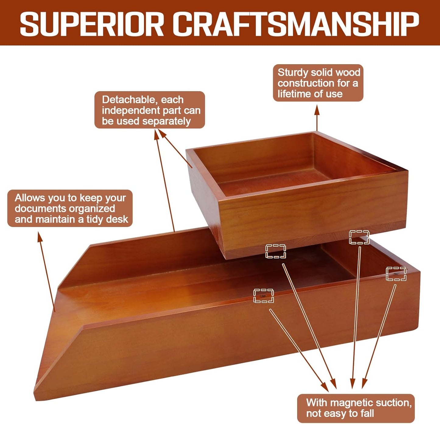 Desk Organizer Letter Tray Set of 2, Magnetic Wooden Tabletop Desktop for Storage Paper Letter Folders Notebooks Copy Print, Workspace Holder, Office Supplies, Keep Stationery Saver-Brown