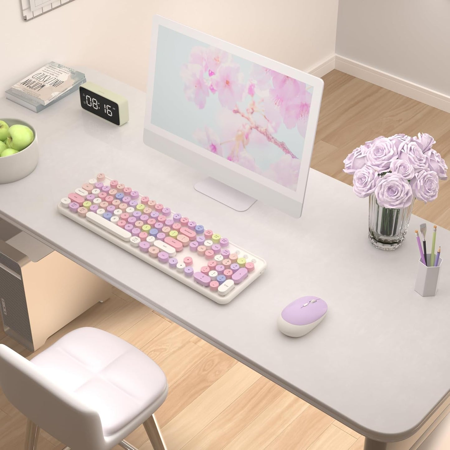 Colorful Wireless Keyboard and Mouse Combo, COVEVA 2.4GHz Wireless Retro Cute Round Keycaps Keyboard, 104 Keys Full-Sized Keyboard Mouse Set with Switch Button for PC Laptop Desktop (White Colorful)