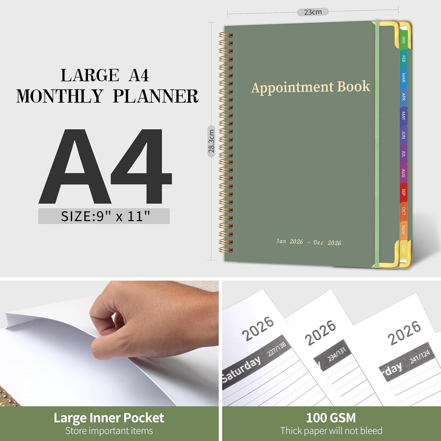 2026 Appointment Book/Planner - 2026 Daily Hourly Planner from Jan. 2026 - Dec. 2026, Weekly appointment Book 2026, 2026 Hourly planner with 20-Minute Interval, 9" x 11", Twin-Wire Binding, Colorful Tabs, Pocket - Green