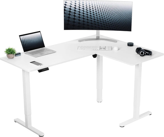VIVO Electric Corner L-Shaped 63 x 47 in Standing Desk, Memory Height Adjustment, White Top White Frame, DESK-E3CTW-47