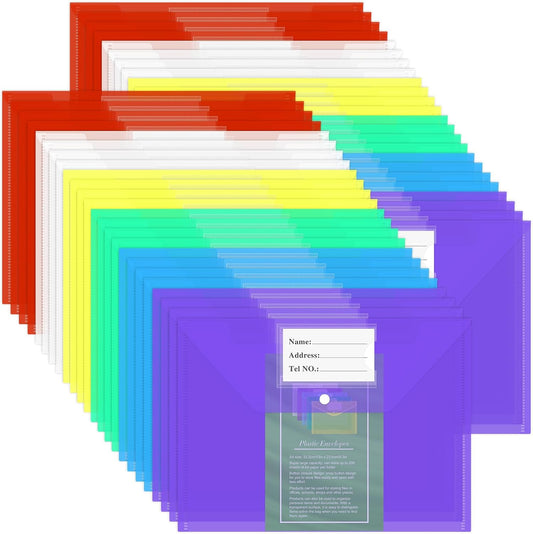 NACHLYNN 48pcs Plastic Envelopes Plastic Folders with Snap Closure, 6 Colors A4 Size Clear File Envelopes with Label Documents Folders Organizers for Home Work Office Organization