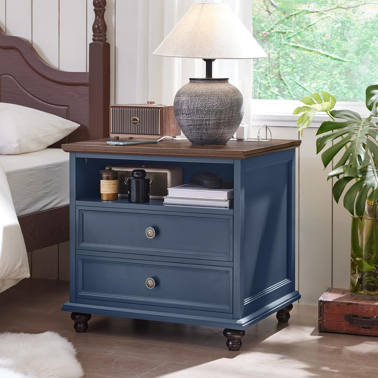 24" Wide Farmhouse Nightstand with Charging Station, End Table with 2 Drawers, Blue Wood Dresser for Bedroom Cabinet, Bed Side Table Chest of Drawers, Night Stand for Living Room, Closet