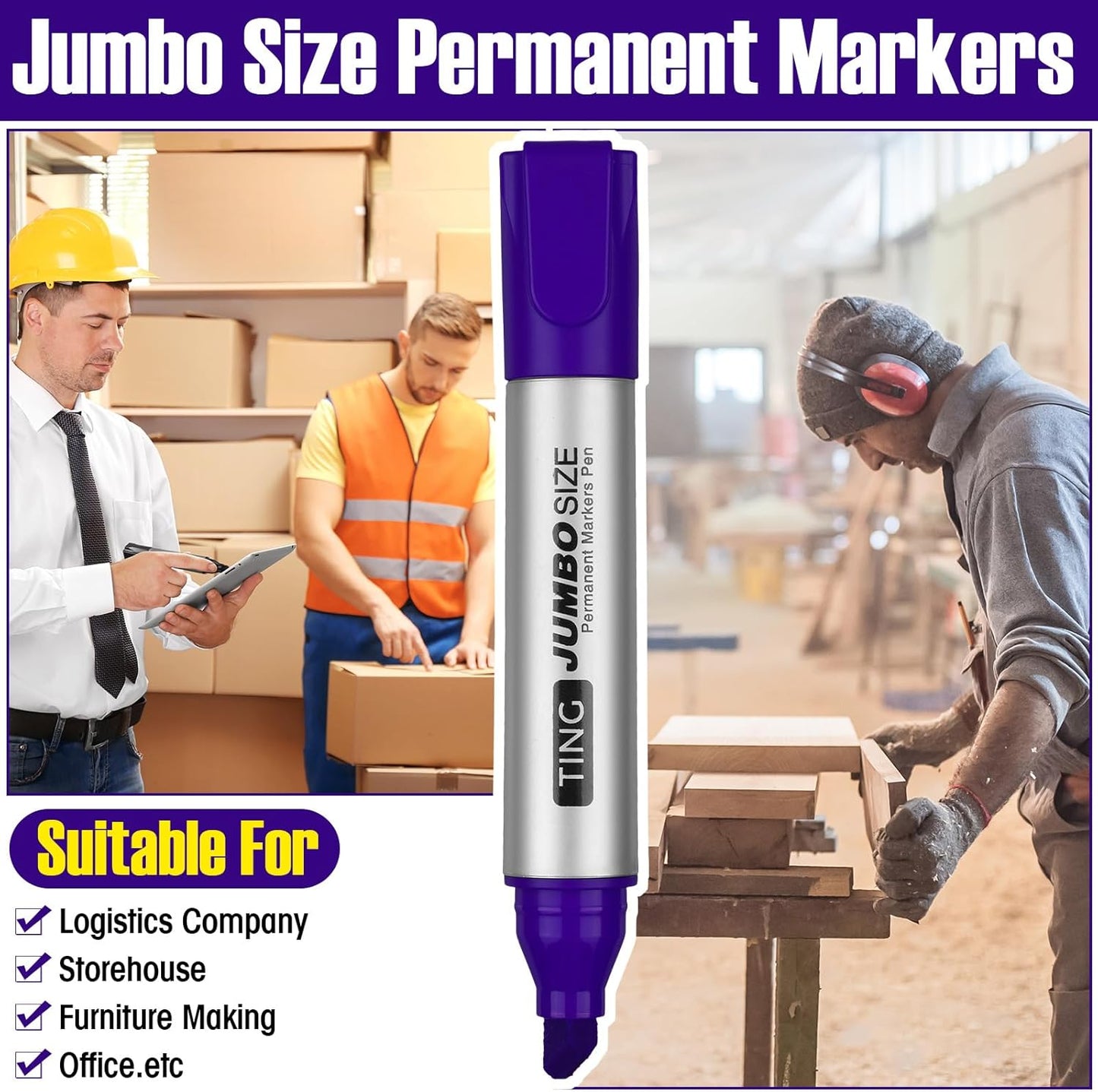 Fuutreo 10 Pack Jumbo Permanent Markers Bulk Large Chisel Tip Permanent Markers Quick Drying Waterproof Big Huge Poster Pens for Office, Logistics Company and More(Purple)