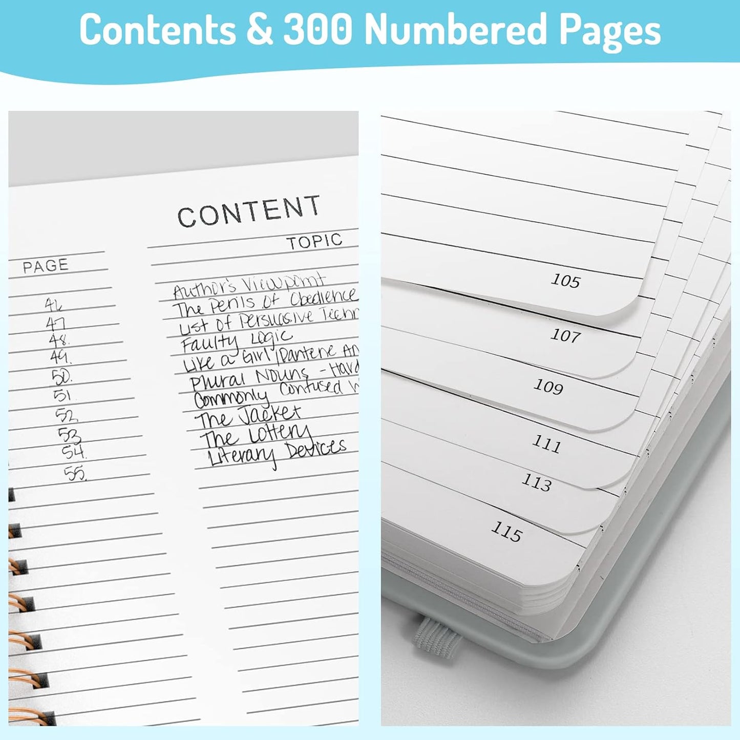 Forvencer Lined Spiral Journal Notebook with 300 Numbered Pages, B5 College Ruled Thick Journals for Writing with 100GSM Paper, Hardcover Notebooks with Contents for Work, School, Women, Men, Grey