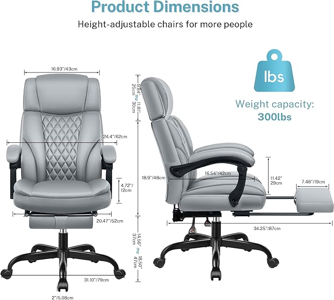 Executive Leather Office Chair, Big and Tall Desk Chair with Footrest Home Office Desk Chairs, Ergonomic Computer Desk Chair with Lumbar Support, Reclining Chair with Adjustable Angle