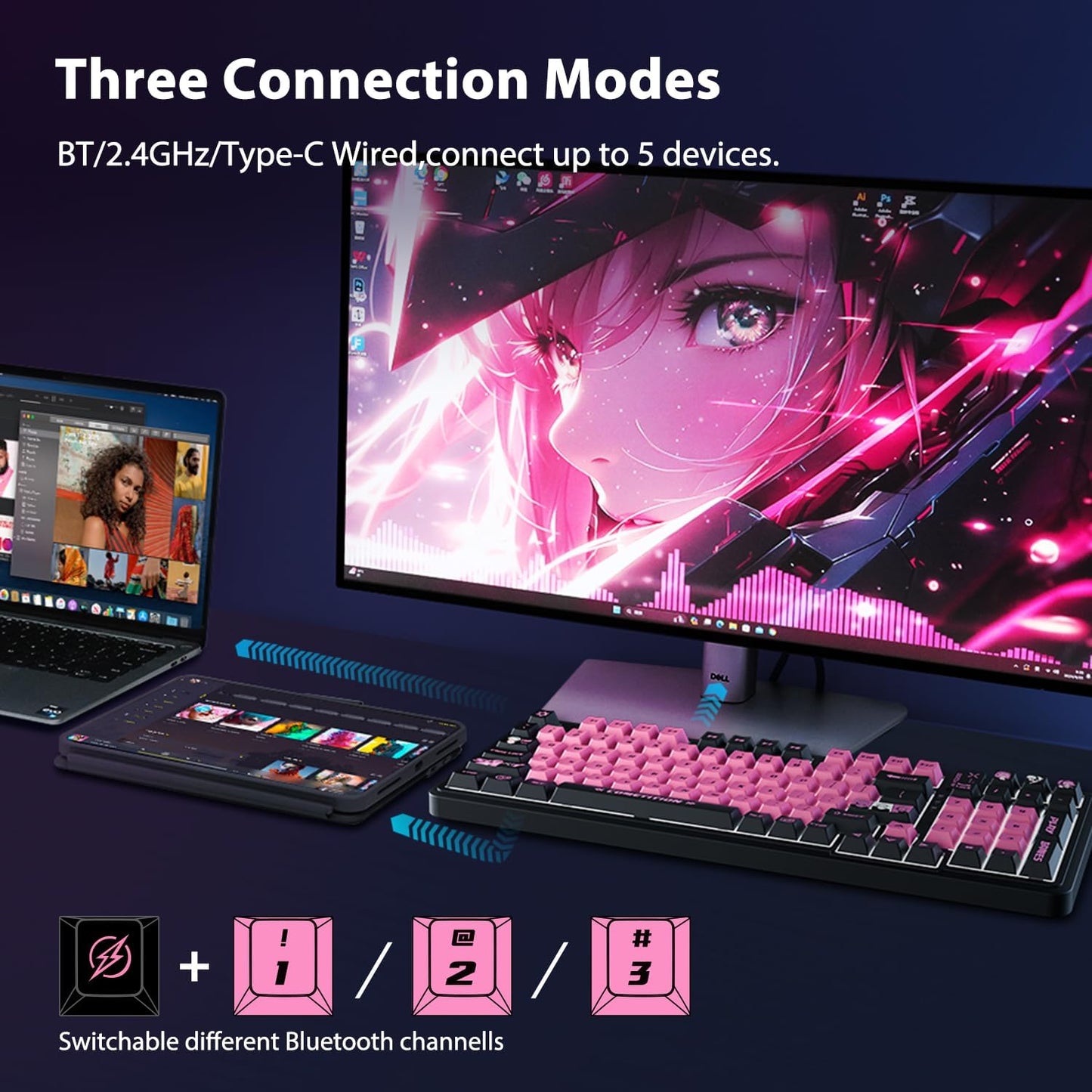 AUSDOM 98Pro Wireless Mechanical Keyboard, Tri-Mode Bluetooth/2.4GHz/USB-C Gasket Hot Swappable Custom Gaming Keyboard with Backlit, PBT Keycaps, Linear Switches, for Windows/Mac/PC (Manga Girl Theme)