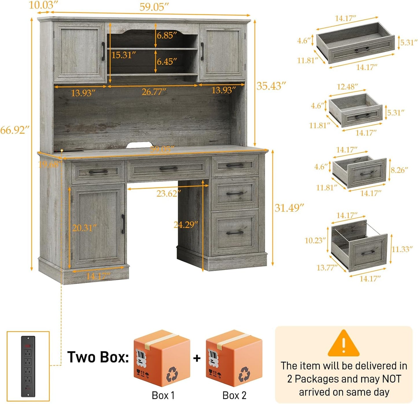 67" H Farmhouse Executive Desk with Hutch. Wood Workstation with 5 Drawers, Storage Cabinet, File Drawers and Charging Station, Ideal as Office Desk, Computer Desk for Home Office and Study.Gray