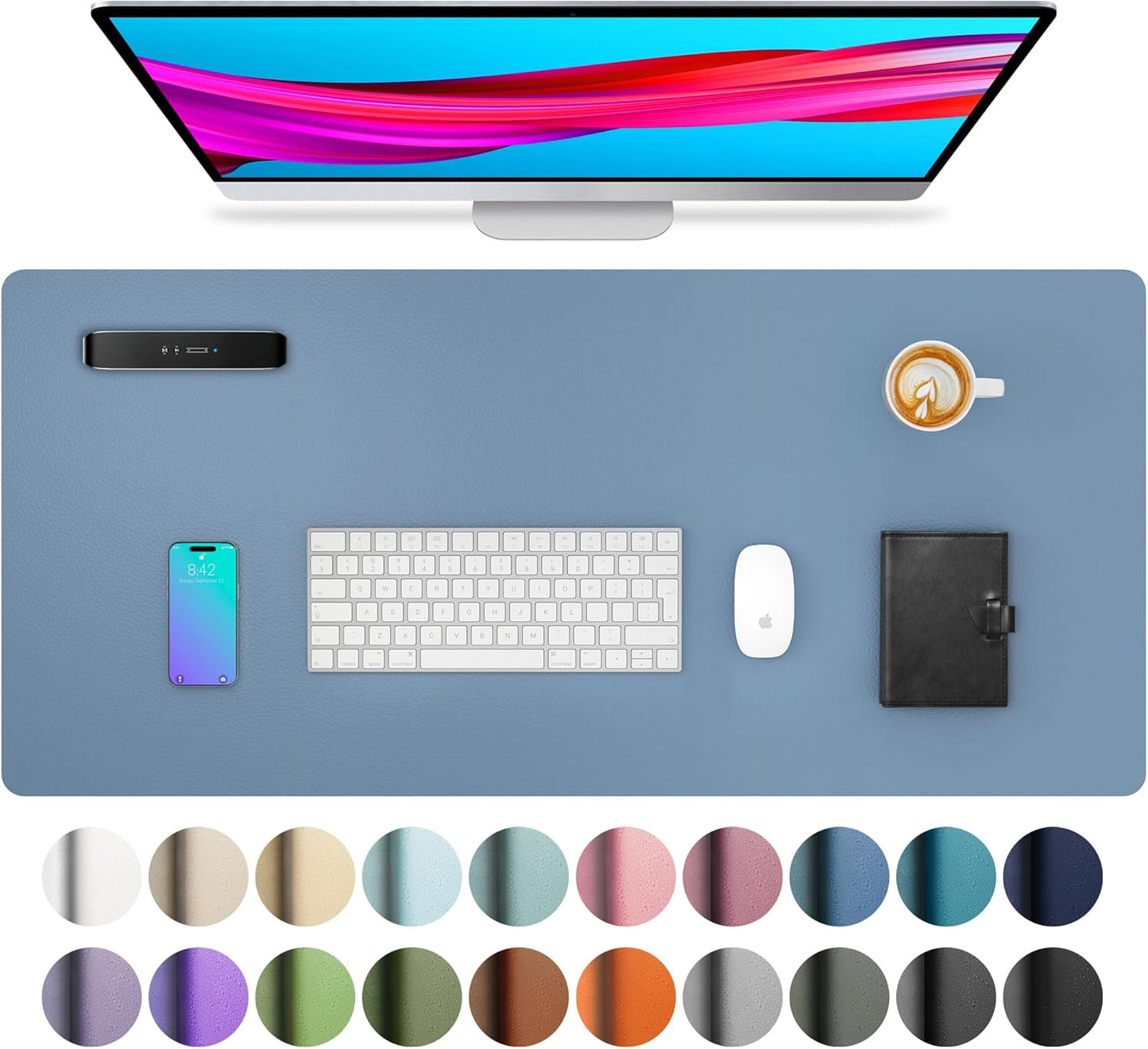 Aothia Leather Desk Pad Protector, Office Mat, Large Mouse Pad, Non-Slip PU Leather Blotter, Laptop Desk Pad, Waterproof Writing Pad for Office and Home (Denim Blue, 31.5" x 15.7")