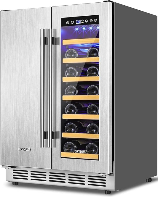 Wine and Beverage Refrigerator, 24 Inch Stainless Steels Beverage Fridge Dual Zone, Wine Beverage Cooler Built-in or Freestanding with Upgraded Cooling, 20 Bottles and 88 Cans Large Capacity