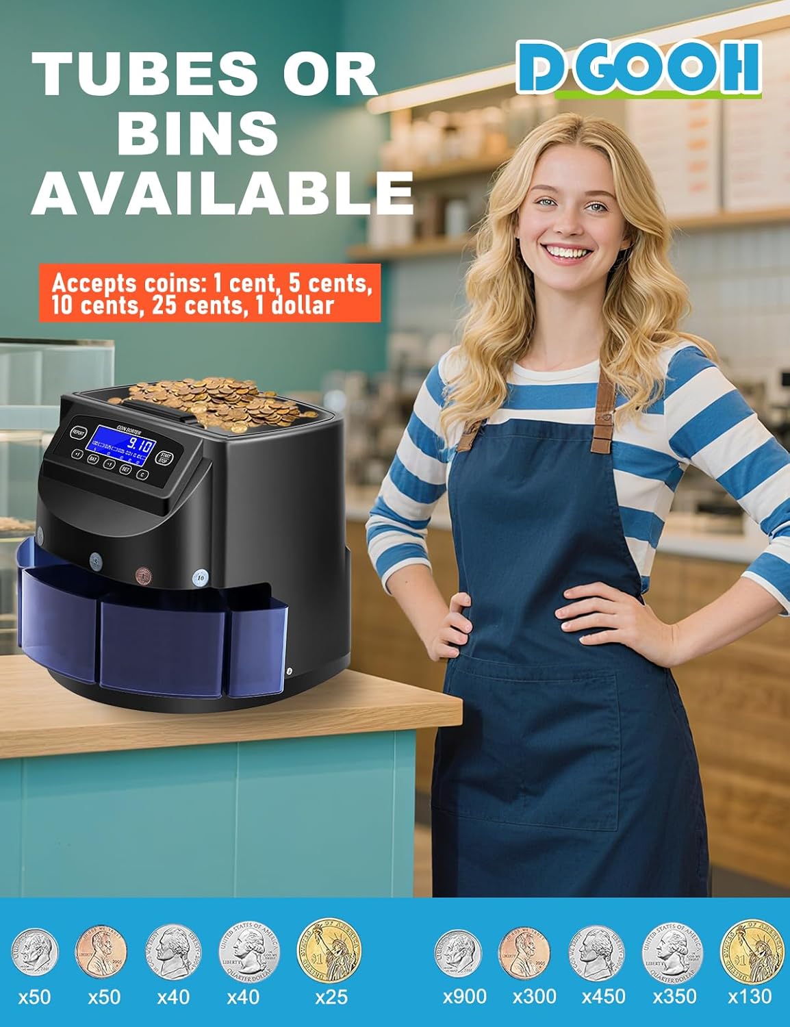 Coin Counter and USD Coin Sorter with LCD Display, 300-Coin Capacity, Automatic Change Counter for 1￠ 5￠ 10￠ 25￠ $1, 270 Coins/min,Coin Sorter and Wrapper Machine for Fast & Accurate Sorting