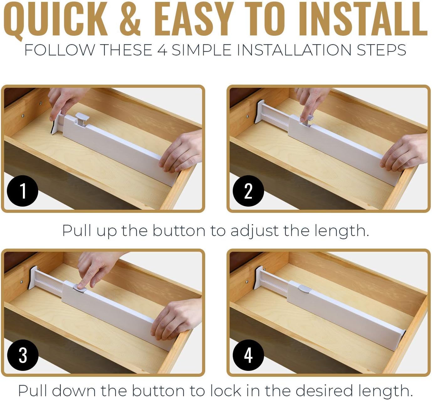 RAPTUROUS Adjustable Drawer Dividers, 2.5" Tall, Expandable 13-22", 3-Pack, Non-Slip for Dresser, Closet, Kitchen, Nursery, and Office (White)