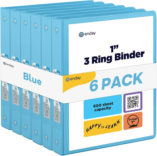 3 Ring Binder Blue, 1 Inch, 1” Clear View Cover with 2 Inside Pockets Round Ring Binder, Colored School Supplies Binders, Also Available in Pink, Blue, Purple, Green, and Grey (6 PC) – by Enday