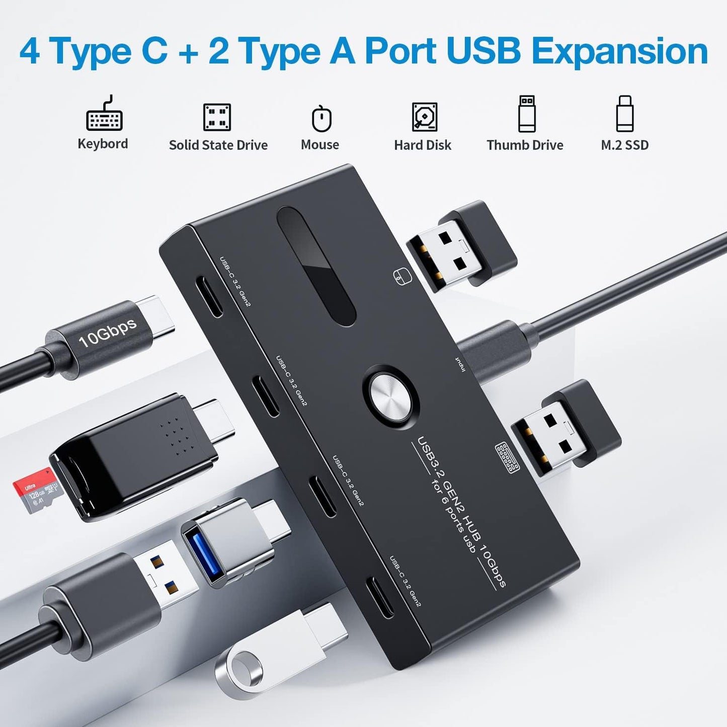 10Gbps USB C Hub, 6 Ports USB C Splitter, USB C to USB C Hub for PC, Laptop, MacBook Pro/Air, iMac, Surface Pro, Chromebook, Etc(HUB ONLY, Not Support Charging/Monitor)