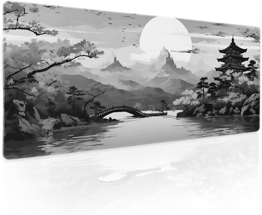 Black Gray Japanese Sakura Gaming Mouse Pad XXL Grey White Cherry Blossom Tower Mountain Aesthetic Extended Desk Mat Big Mousepad Non-Slip Rubber Base Stitched Edge Mousepad for Office,31.5×11.8 in