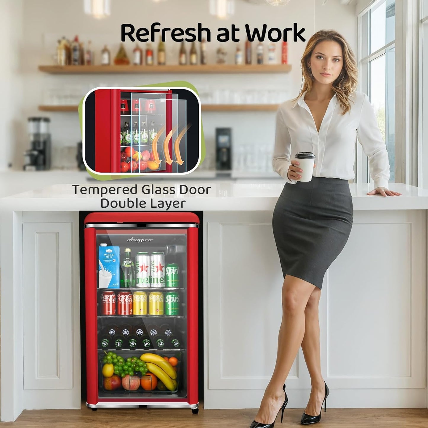 4.9 Cu.Ft Retro Small Beverage Refrigerator Cooler with Double Tempered Glass Door, 120 Can Wine Drink Beer Mini Fridge for Office Bedroom Bar with 7 Temperatures, Adjustable Shelves, Red