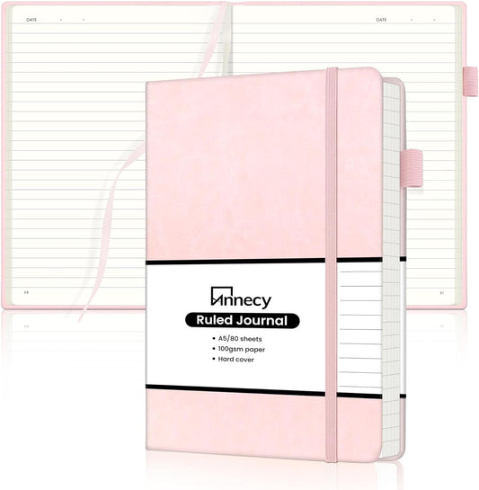 Annecy Numbered College Ruled Lined Journal Notebook, Medium 5.5x 8.25, 160 Pages 100GSM Writing Paper, A5 Pink Faux Leather Cover with Pen Loop