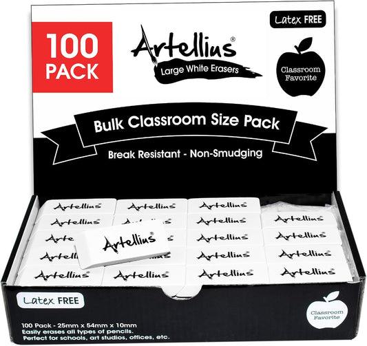 Artellius Erasers - 100-Pack, White, Latex-Free Rubber Blocks - Bulk White Erasers for School, Classroom & Kids - Smudge-Free Erasing for Drawing, Art, Office, Teacher & School Supplies