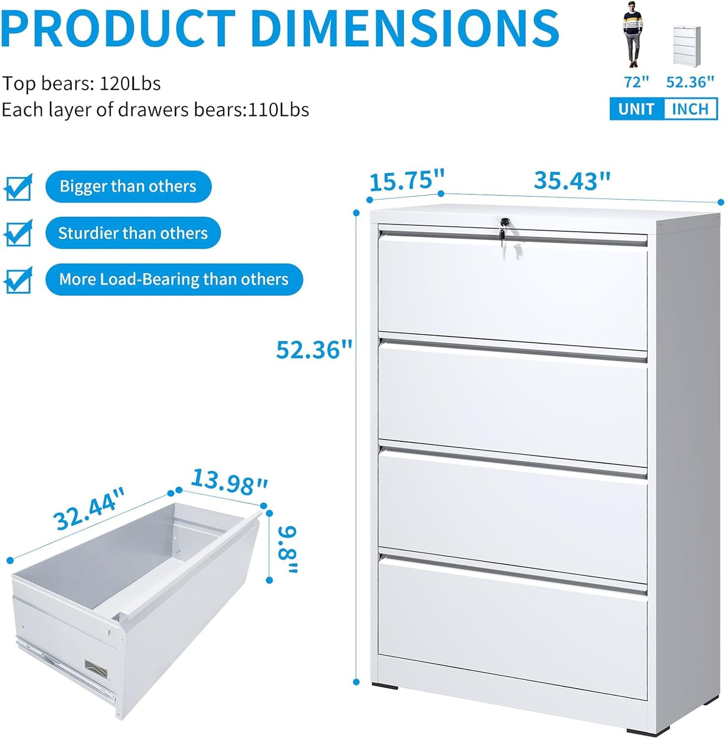 4 Drawer Lateral File Cabinet with Lock, Metal Lateral Filing Cabinet for Home Office, Steel Wide Horizontal Filing Cabinets for Letter/Legal/A4/F4 Hanging Files (White)