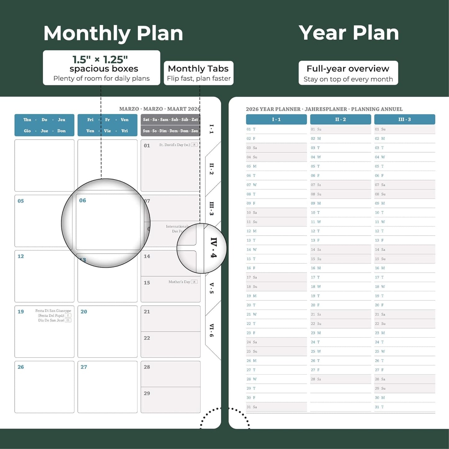 Daily Planner 2026 with One Page Per Day,(A5-8.5" x 5.9"),12 Months Calendar Hourly Appointment Book Monthly Tabs & Self-adhesive Pen Holder,Inner Pocket, Vegan Leather Hardback,Green