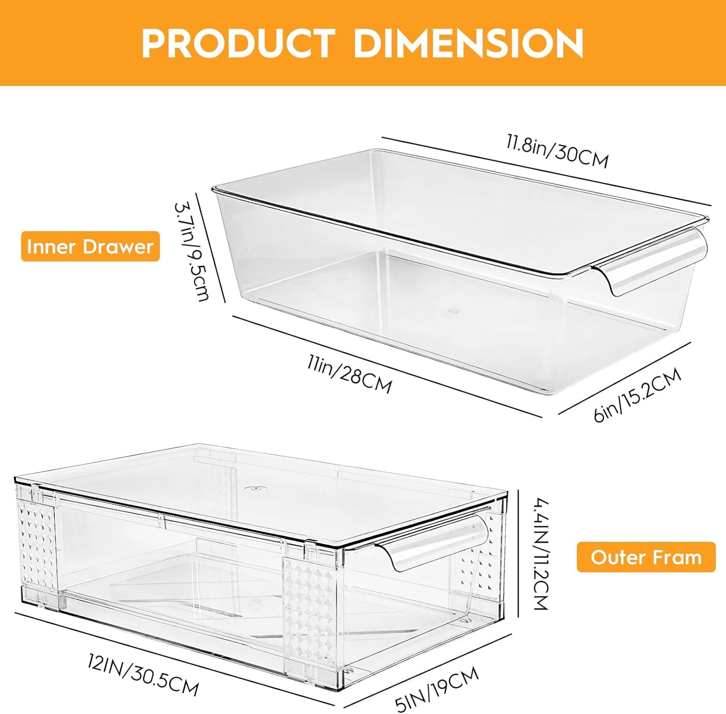 2 Pack Clear Stackable Storage Drawers, 3.95" H Easily Assemble Acrylic Organizer Bins - Multi-Use for Make up, Closet, Pantry, Bathroom, Medicine, Kitchen Cabinet & Undersink Organization