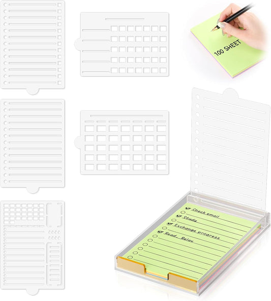4" x 6" Sticky Notes Holder with 5 Different Stencil & 100 Sheet Post It Notes Clear Acrylic Self-Stick Sticky Note Dispenser Post It Note Holder Memo Organizer for Classroom Office Desk Organizer