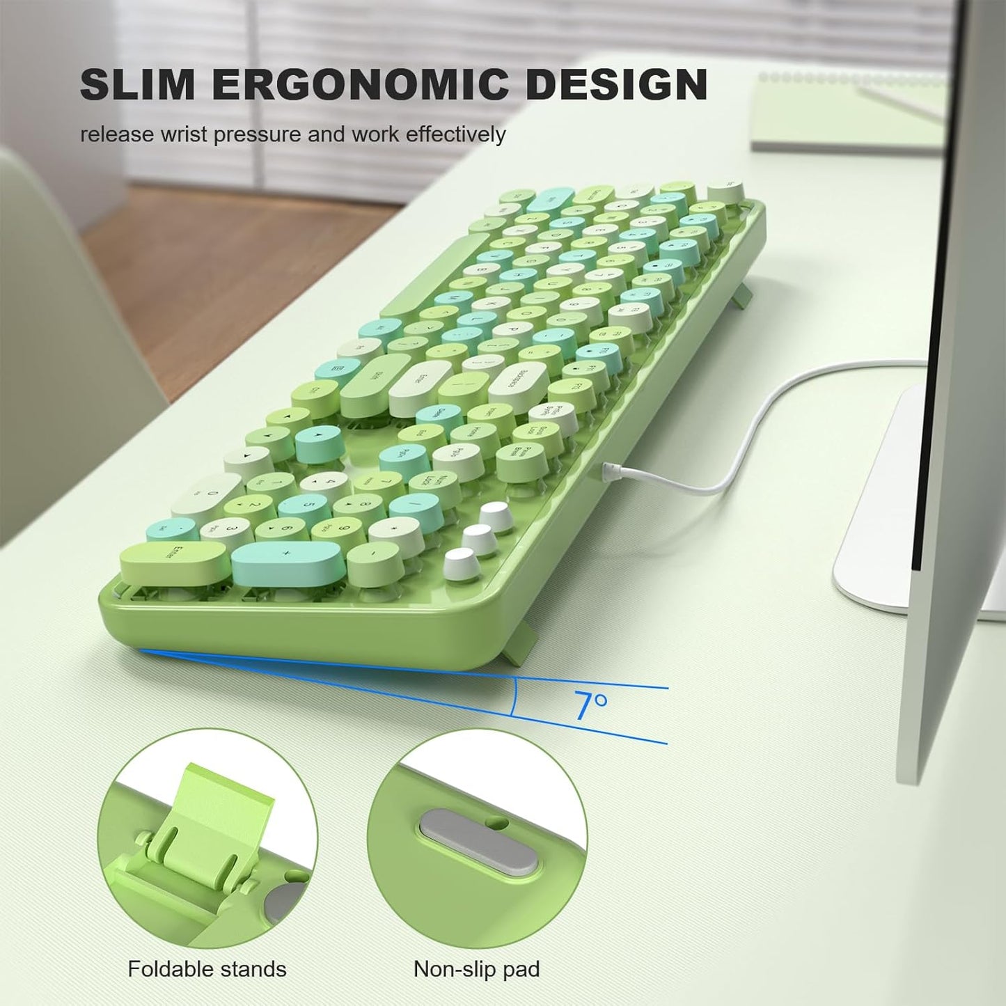 MOFII Wired Keyboard, Full Size USB Keyboard Plug Play, Colorful Retro Round Typewriter Keyboard with Foldable Stands for Windows PC Laptop (Green Colorful)