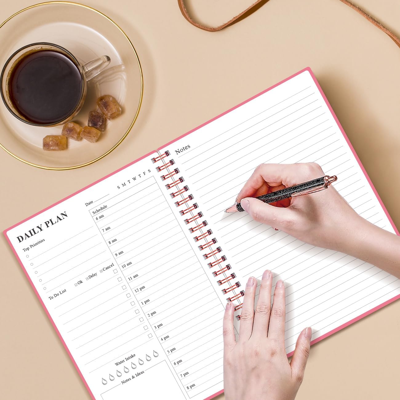 Daily Planner Undated - A5 To Do List Notebook Hourly Schedules, Spiral Appointment Planner for Women and Men, PVC Hardcover, Inner Pocket, Elastic Closure, 5.8" x 8.3", Pink