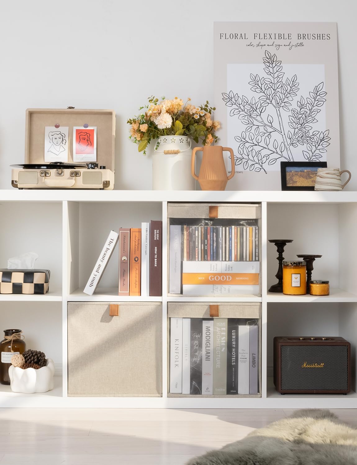 StorageWorks 13x13 Storage Cubes, Closet Storage Bins with Clear Window, Large Fabric Organizer for Clothes, Collapsible Storage Baskets with PU Handles, Brown and Beige, 3-Pack