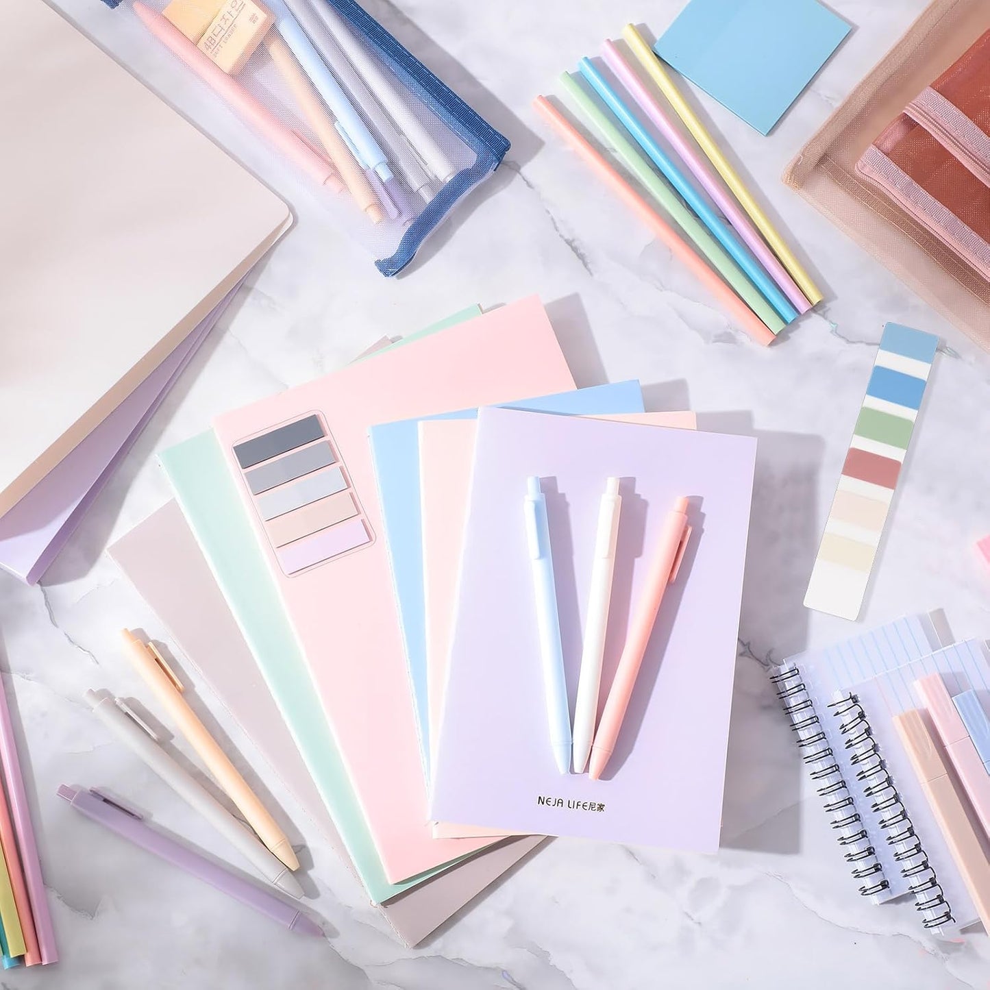 54 Pieces Aesthetic School Supplies Including Pastel Highlighters Document Bags Pencils Notebooks Pencil Pouch Ink Pens Sticky Notes Erasers Back to School Stationary Kit Supplies(Macaron Color)