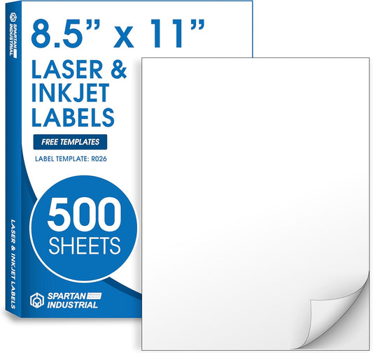 8.5" X 11" Full-Sheet Printable Labels Compatible with Inkjet and Laser Printers - 500 Sheets, 500 Matte White Paper Stickers for Shipping, Mailing, and DIY Projects - Spartan Industrial