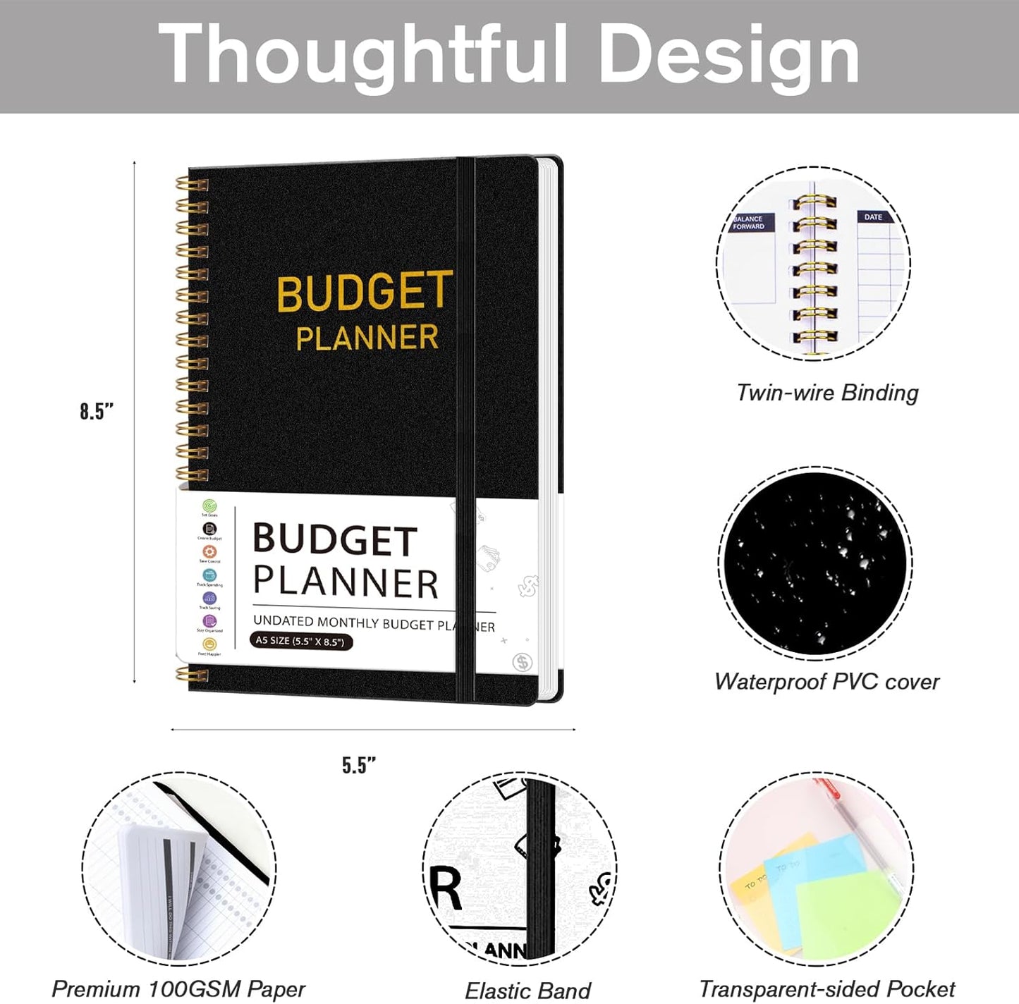 Budget Planner-Monthly Budget Book with Expense Tracker Notebook/Accounting Book, A5 Monthly Financial Organizer Planner, Manage Your Money Effectively, Start Anytime, 1 Year Use, Black