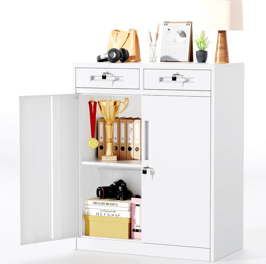 Greenvelly Metal Storage Cabinet, 42' White Steel Garage Cabinet with 2 Doors, Adjustable Shelves, Locking for Office, School or Tool Organization