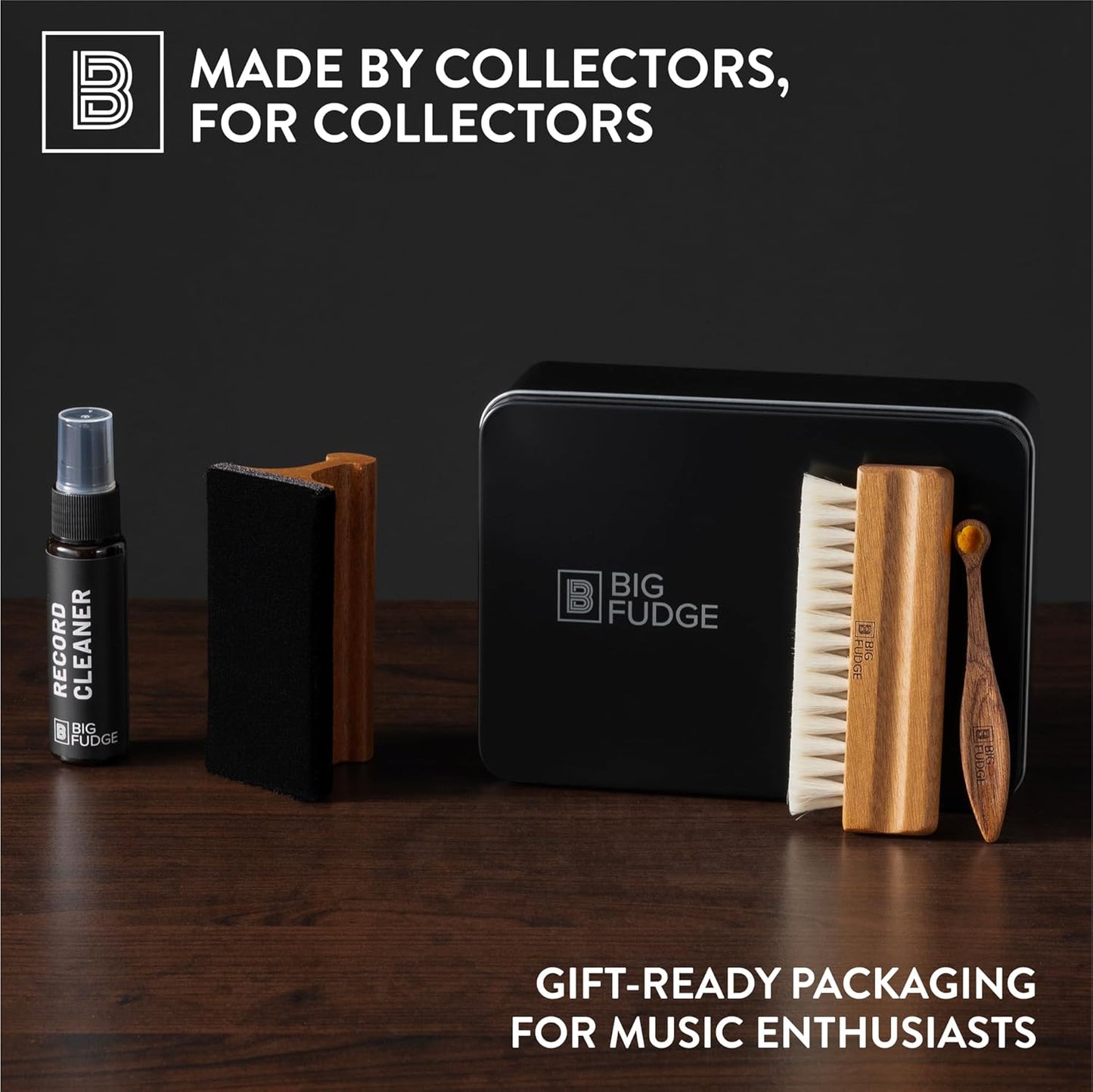 Big Fudge Vinyl Record Cleaning Kit - Collector's Edition - 100% Sapele Wood Vinyl Accessories - Velvet Vinyl Record Cleaner, Anti-Static Vinyl Brush, Stylus Brush and Vinyl Cleaner Solution w/Case