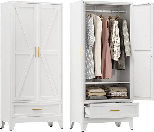 Farmhouse Wardrobe Cabinet with One Drawers,Metal Wardrobe Closet with Hanging Rod,Metal Armoire with Adjustable Shelves for Bedroom,Living Room, Cloak Room,Office (White)