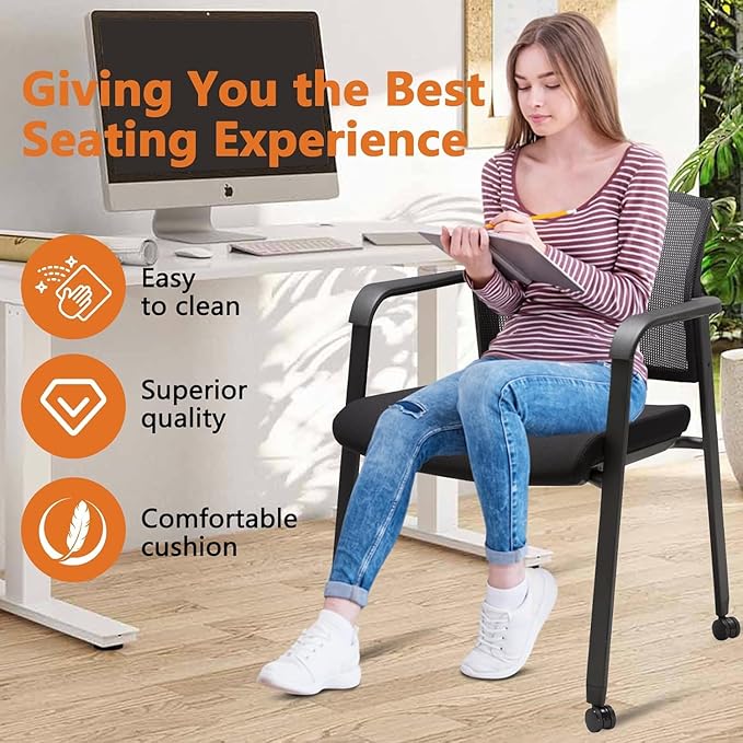 CLATINA Mesh Back Guest Reception Arm Chairs with Wheels, Waiting Room Chairs with Upholstered Fabric Seat and Ergonomic Lumbar Support for Office, 8PK