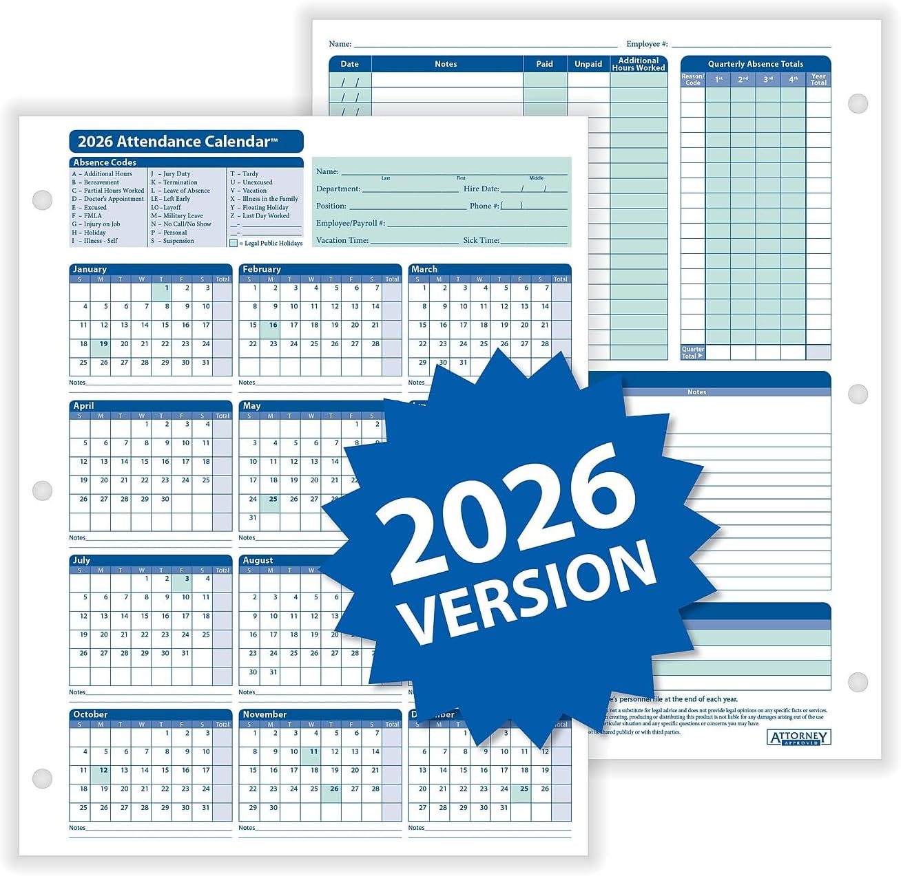 2026 Attendance Calendar Kit, White, Pack of 25