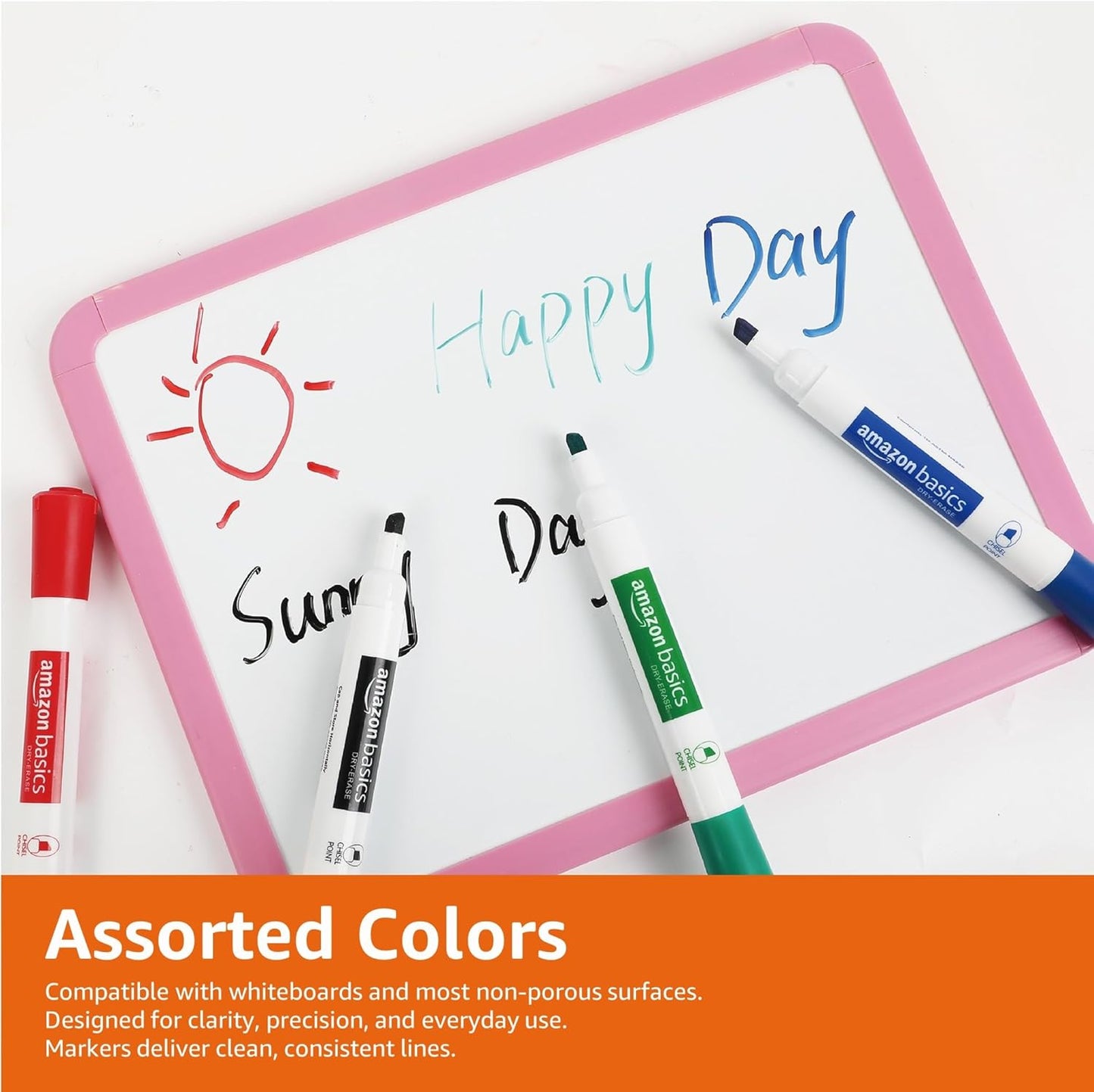 Amazon Basics Low-Odor Chisel Tip Dry Erase Whiteboard Marker, Pack of 4, Black, Red, Green, Blue