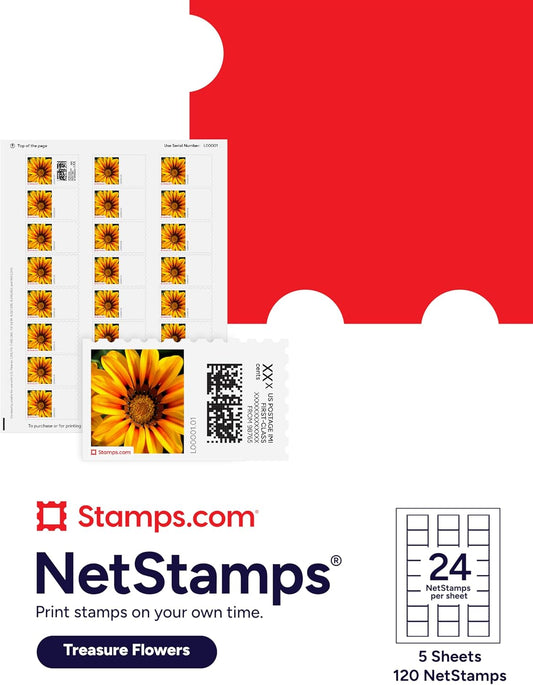 Treasure Flowers NetStamps 120-Pack (5 Sheets) Printable Postage Labels (Stamps.com Subscription Required) - Print Approved Postage - Inkjet & Laser Printers - Business, Personal, Home