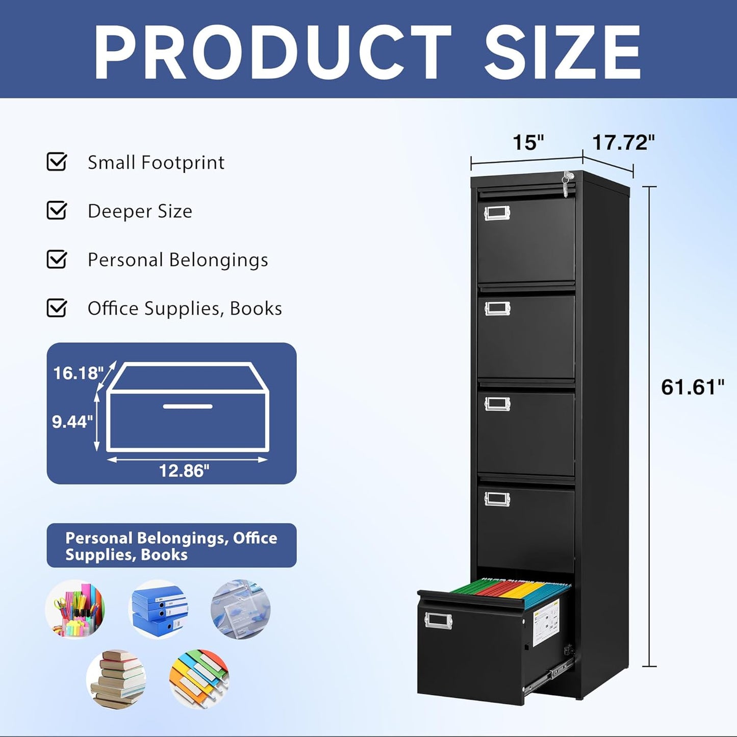 5 Drawer File Cabinet, Filing Cabinets for Home Office, Vertical File Cabinet with Lock, 61.6" H Locking File Cabinet for A4 Legal/Letter, Assembly Required (Black)