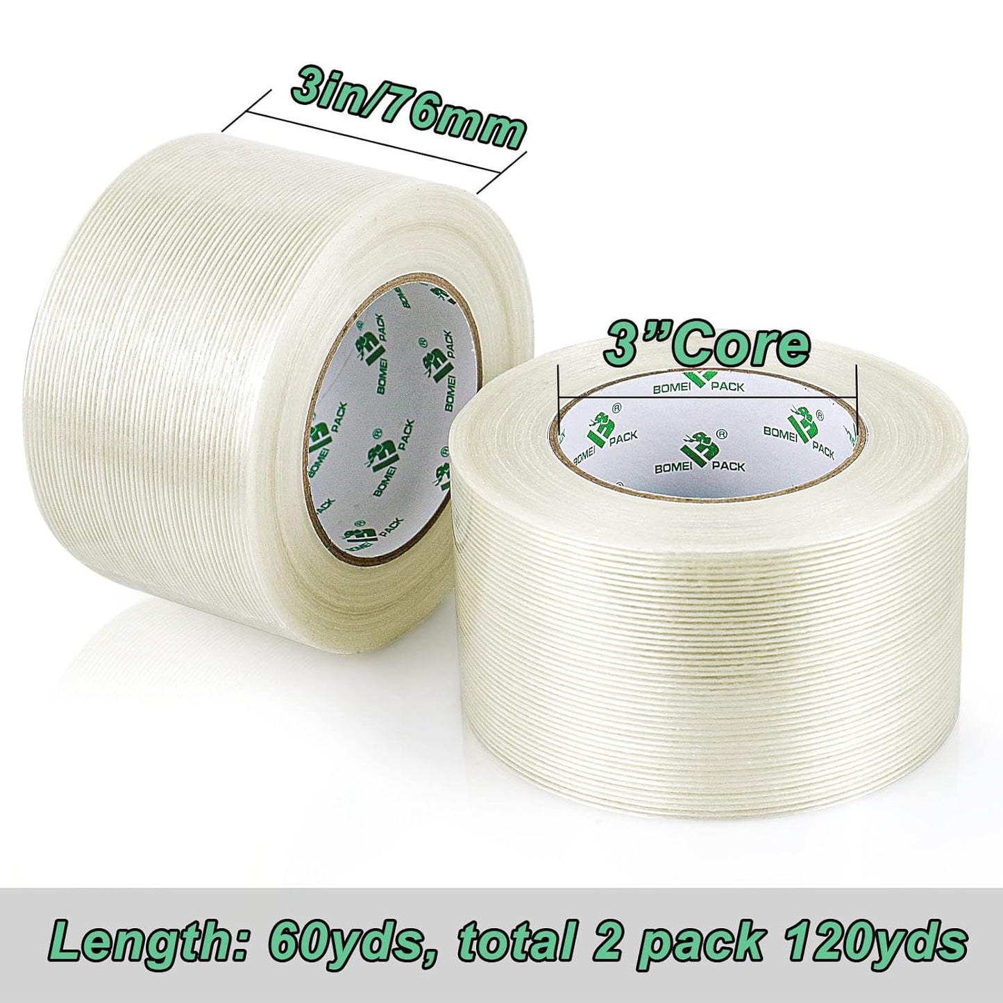 BOMEI PACK Strapping Tape 3 Inch, Heavy Duty Fiber Reinforced Packing Tape, 60yds 5.9Mil, Total 120yds
