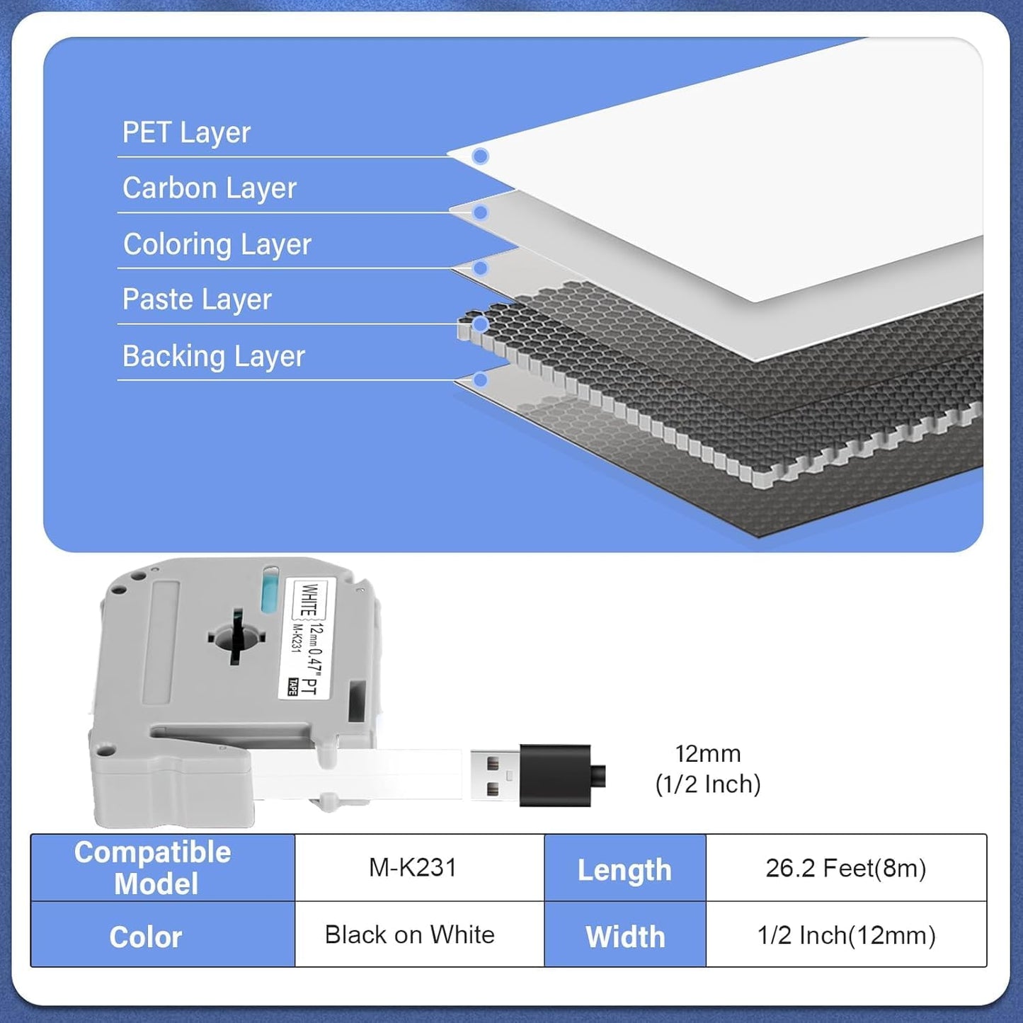 16 Pack M-K231 M Tape 12mm Compatible with M-K231s Brother Label Tape Black on White 0.47 Inch for P Touch PT-M95 PT95 PT65 PT-65 PT70 PT85 PT90 Label Maker Tape Refill