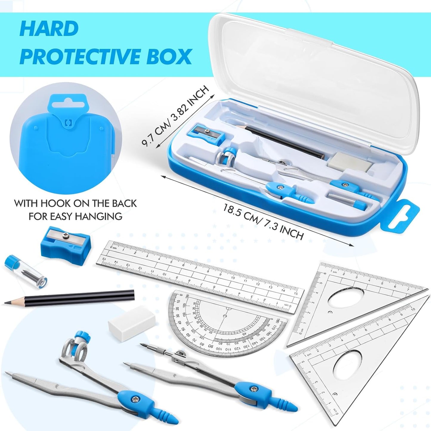 Zonon Math Geometry Set 10 Pcs Student Supplies with Shatterproof Storage Box, Includes Rulers Protractor Compass Pencil Sharpener Lead Refills Eraser Pencil for Drafting and Drawings(Blue)