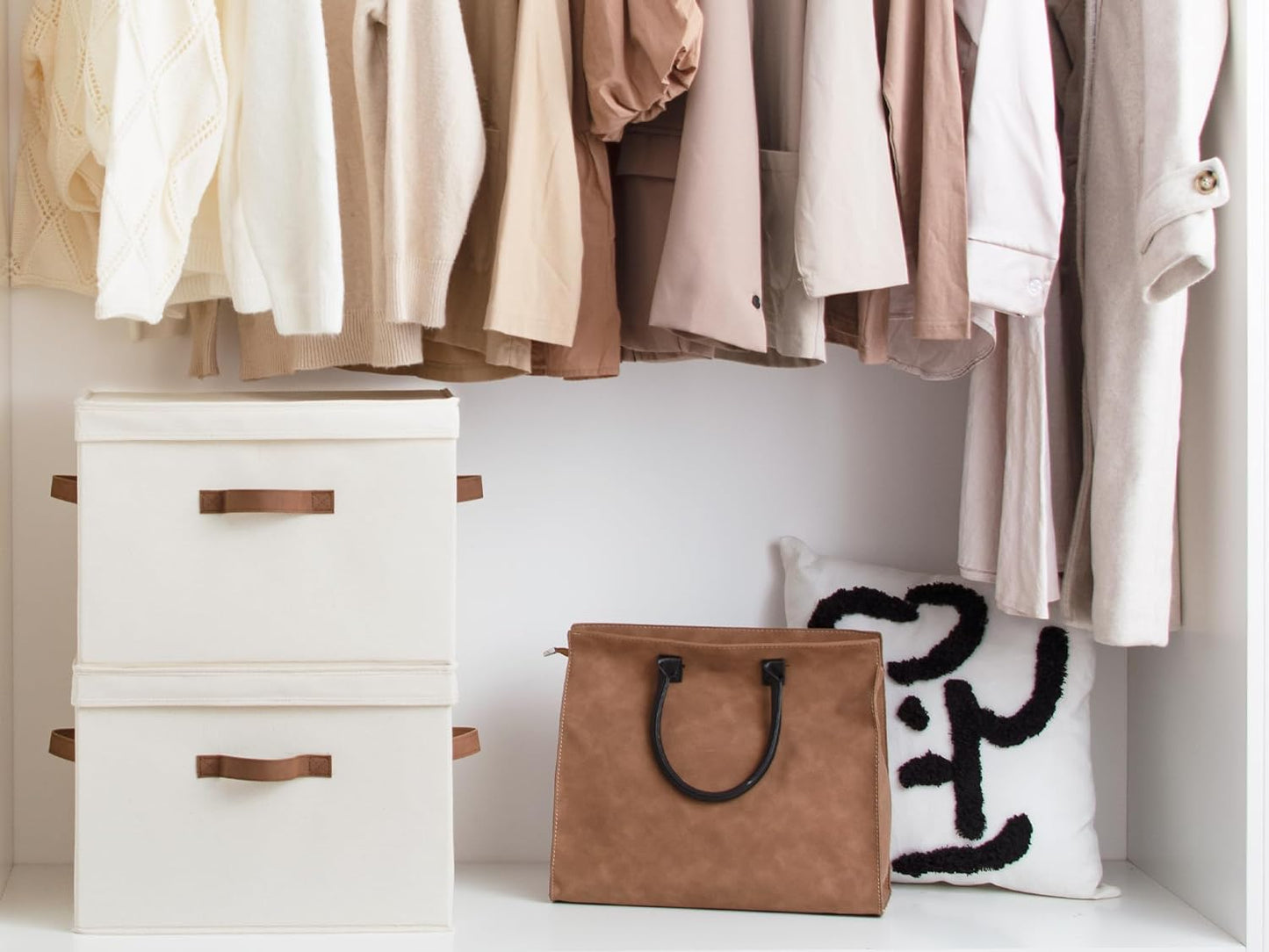 StorageWorks Fabric Storage Bins with Lid, Decorative Storage Boxes for Shelves, Stackable Closet Organizer Basket with Handles, Large, Ivory White, 2-Pack